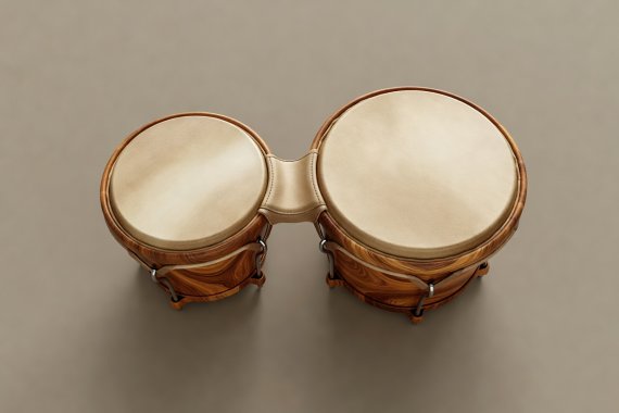 Soft-lit 3D render showing top-down view of 7-inch macho and 8.5-inch hembra bongos tilted 15 degrees forward