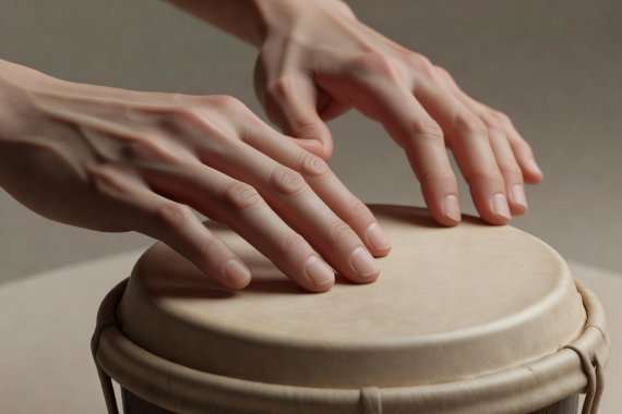 Soft-lit 3D render illustrating thumb and three-finger contact zones on the smaller macho drumhead